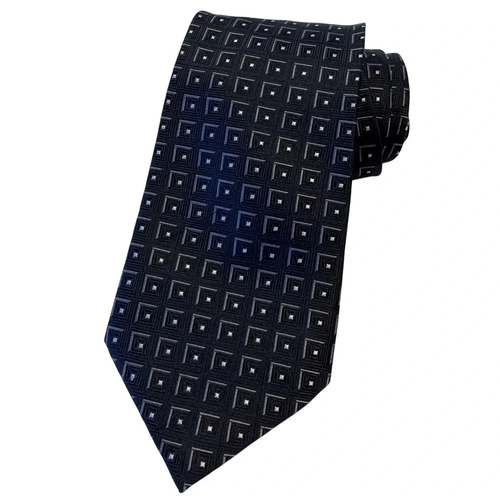 Croft & Barrow Black 100% Silk Tie Geometric Square Pattern‎ Formal Career